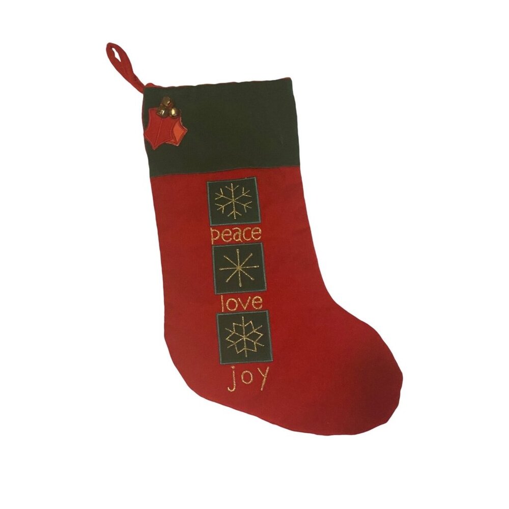 Christmas Stocking "Peace Love Joy" Embroidered 100% Cotton 19” Red Green Bells